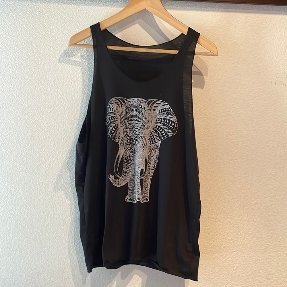 Thailand Elephant Print Logo Tank Top, Raw Edges, Black, Size XL